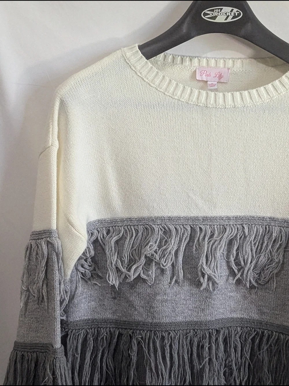 Pink Lily Fringe Colorblock Knit Sweater Ivory Gray Long Sleeve Boho Size S